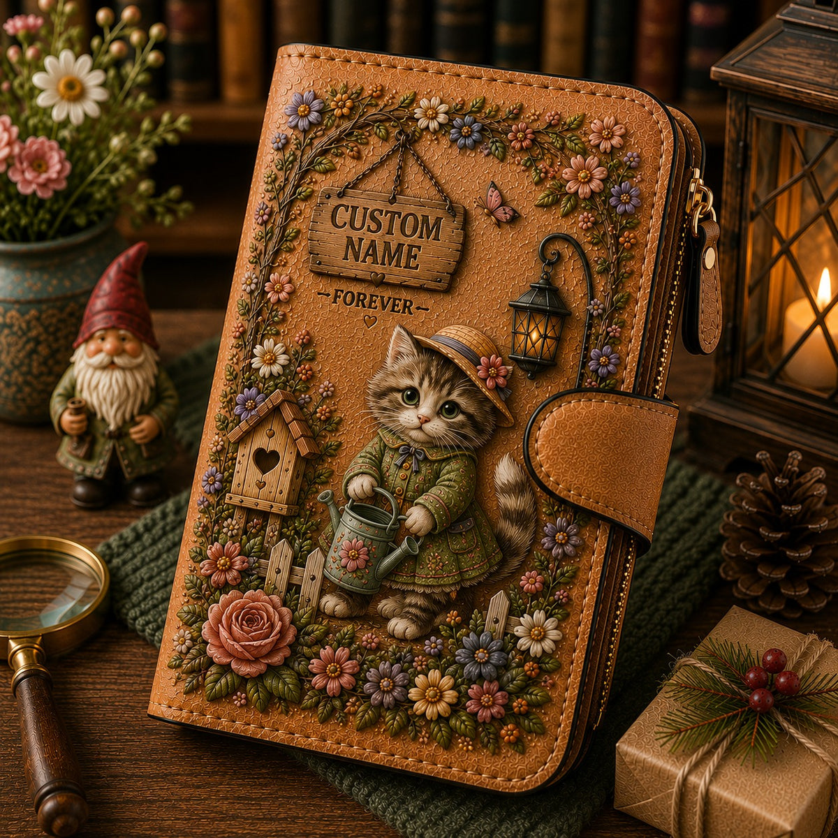 🌿 Personalized Garden Friends Wallet – Custom Name Leather Organizer