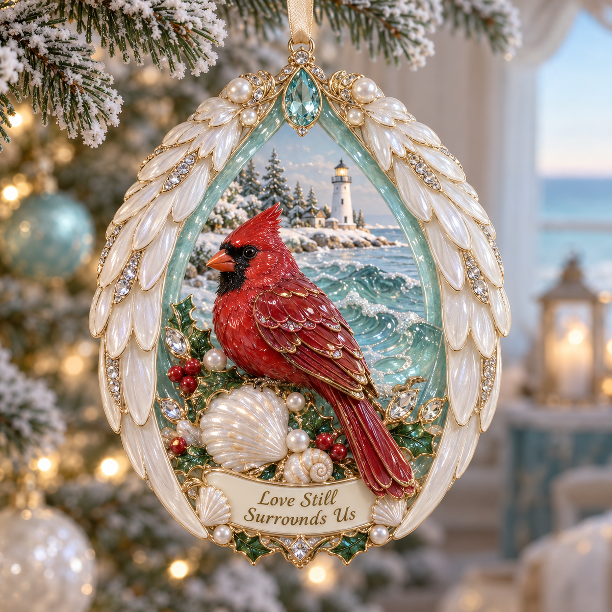 Coastal Cardinal Christmas Memorial Ornament Set