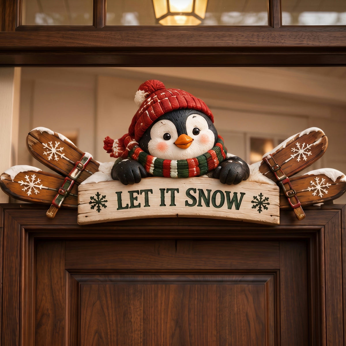 Winter Ski Lodge Door Topper – Rustic Wooden Welcome Sign