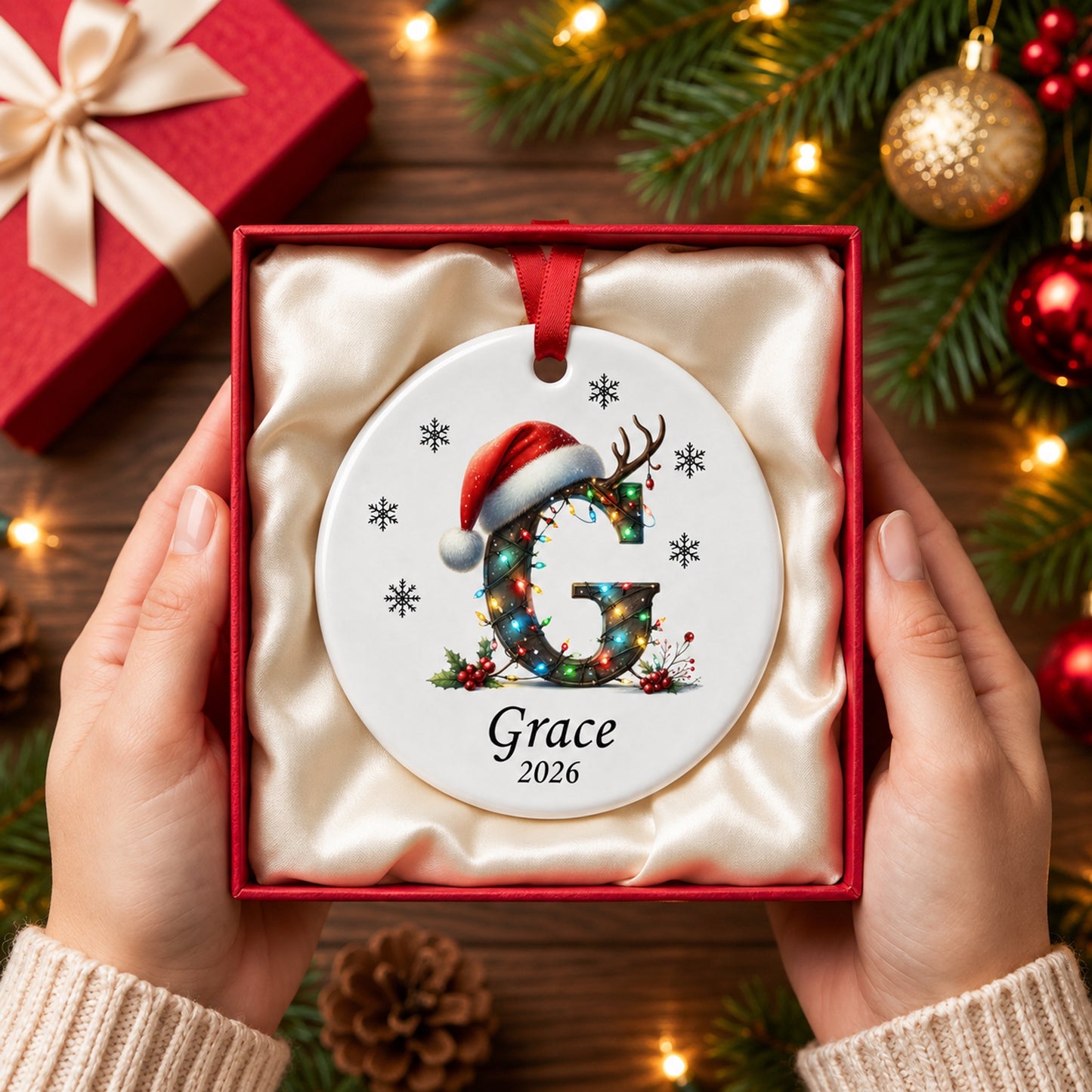 ✨💖 Christmas String Lights Personalized Initial Ornament 2026