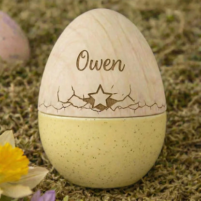 Personalized Engraved Wooden Easter Egg with Custom Name, Fillable Bunny/Flower/Tree/Star Keepsake, Reusable Easter Basket Decor & Gift for Kids