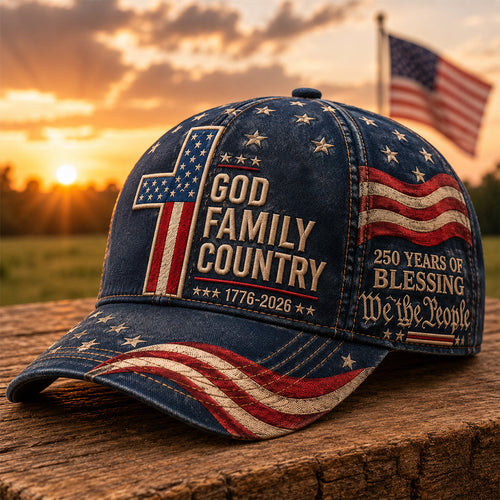 Premium Patriotic Baseball Cap: God, Family, Country – 250th Anniversary Edition