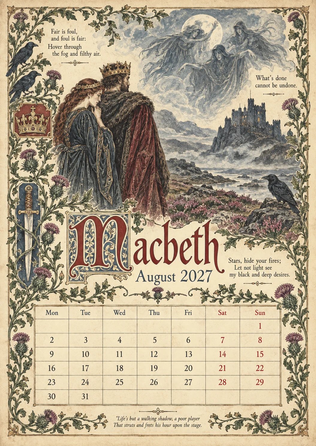 2027 Shakespearean Literary Wall Calendar –Vintage Medieval Art, 12 Months of Iconic Plays