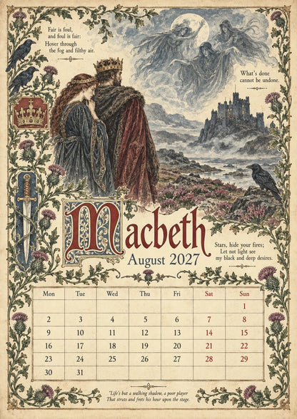 2027 Shakespearean Literary Wall Calendar –Vintage Medieval Art, 12 Months of Iconic Plays