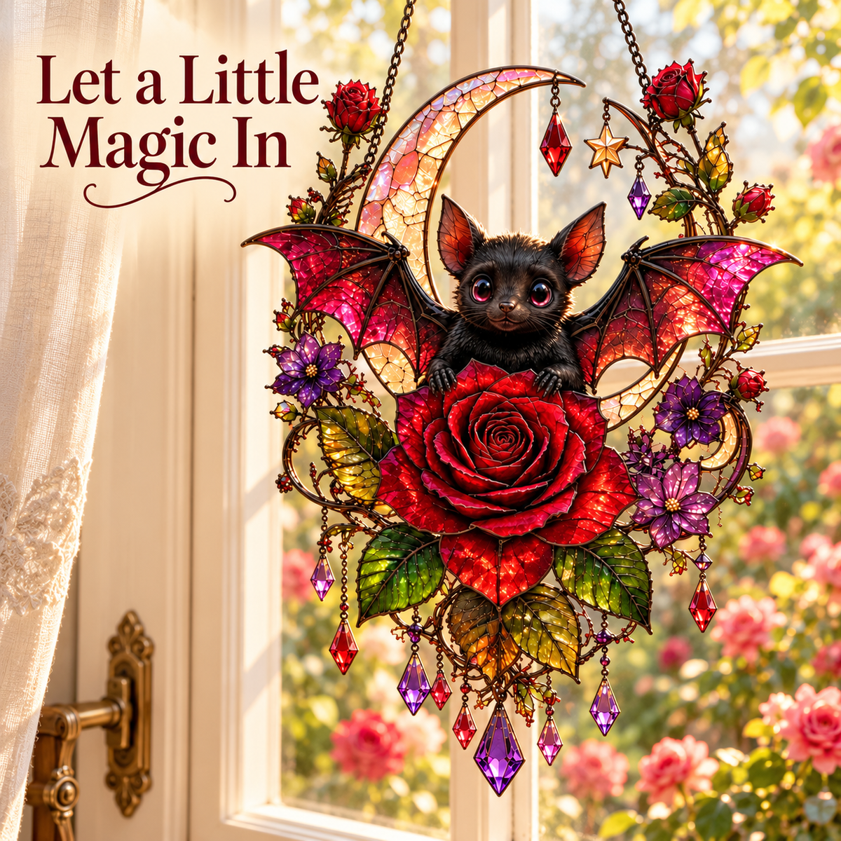 🦇 Gothic Bat & Crimson Rose Moon Suncatcher