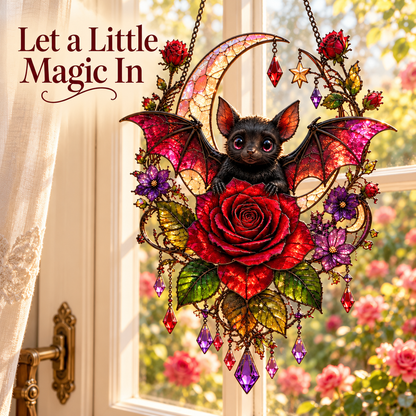 🦇 Gothic Bat & Crimson Rose Moon Suncatcher