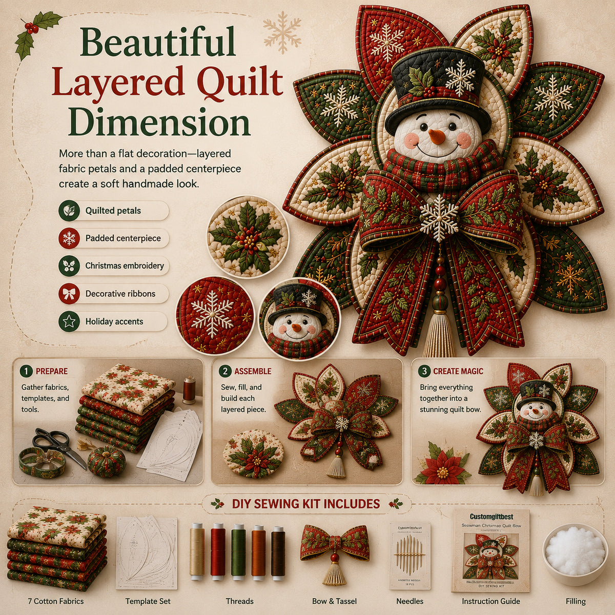 🧵Christmas Quilt Bow DIY Sewing Kit