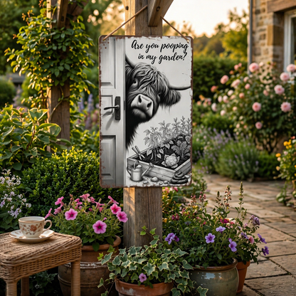 🔥Funny Vintage Highland Cow Sign – "Are You Pooping In My Garden?" Wall Decor😂