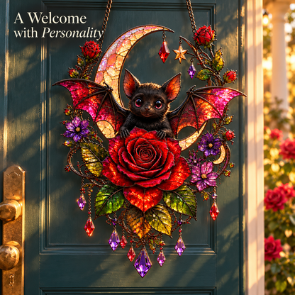 🦇 Gothic Bat & Crimson Rose Moon Suncatcher