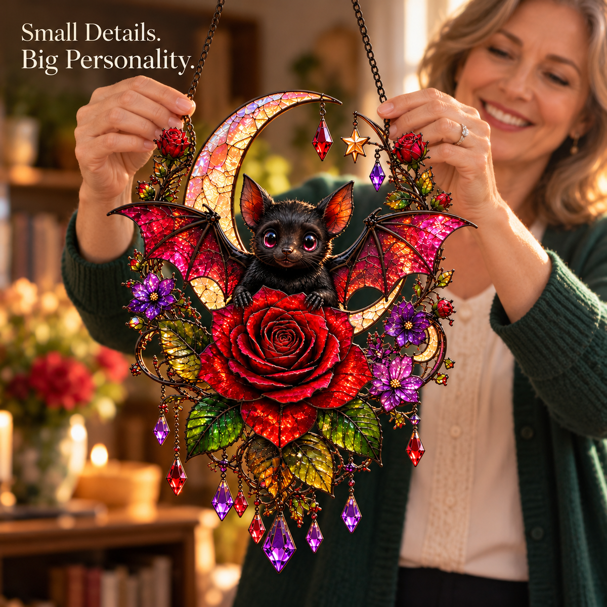 🦇 Gothic Bat & Crimson Rose Moon Suncatcher