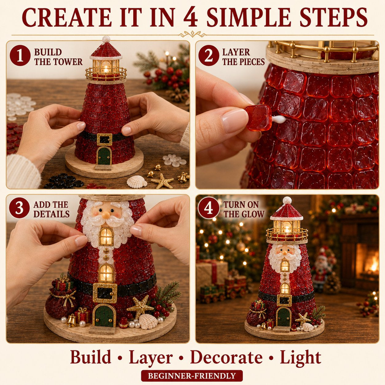 🎄Beginner-Friendly DIY Lighted Christmas Character Sea Glass-Style Lighthouse Kit Collection | Complete Kit with Sea Glass-Style Pieces, LED Lights & Step-by-Step Guide Included