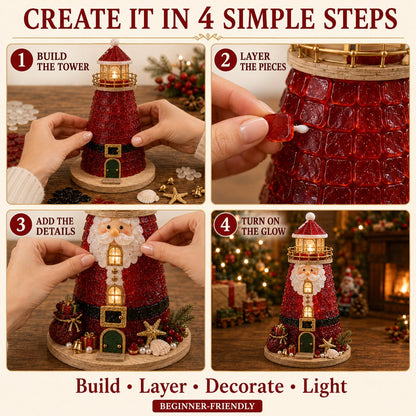 🎄Beginner-Friendly DIY Lighted Christmas Character Sea Glass-Style Lighthouse Kit Collection | Complete Kit with Sea Glass-Style Pieces, LED Lights & Step-by-Step Guide Included
