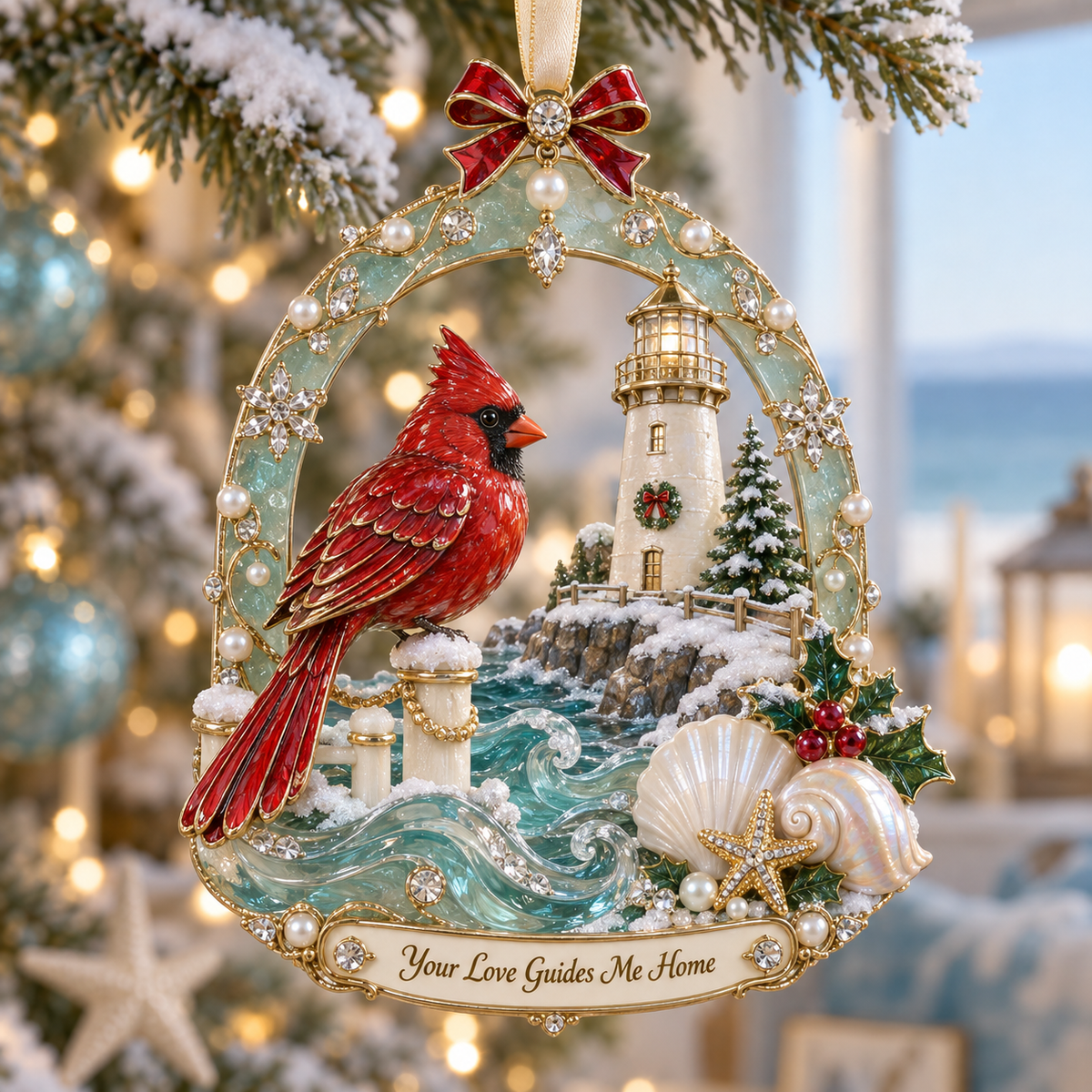 Coastal Cardinal Christmas Memorial Ornament Set