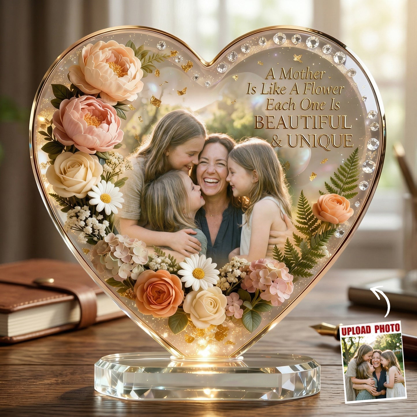 🌸 Personalized Photo Acrylic Plaque – A Mother Is Like a Flower