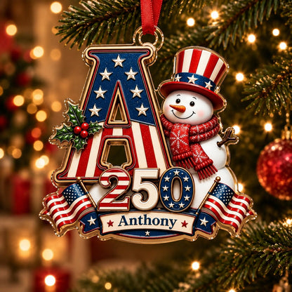 America 250 Personalized Snowman Letter Ornament – Custom Name Christmas Keepsake
