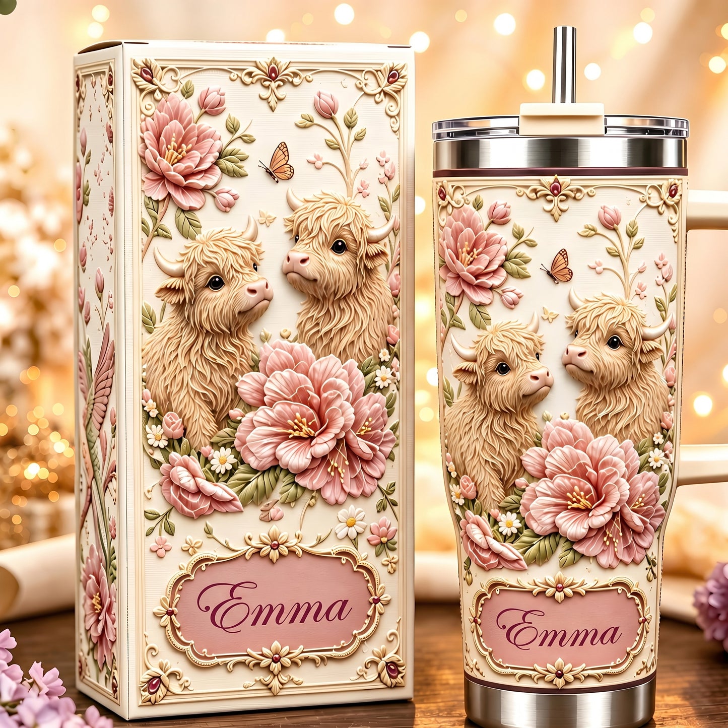 🌺✨ Personalized Highland Cow & Pink Floral Tumbler