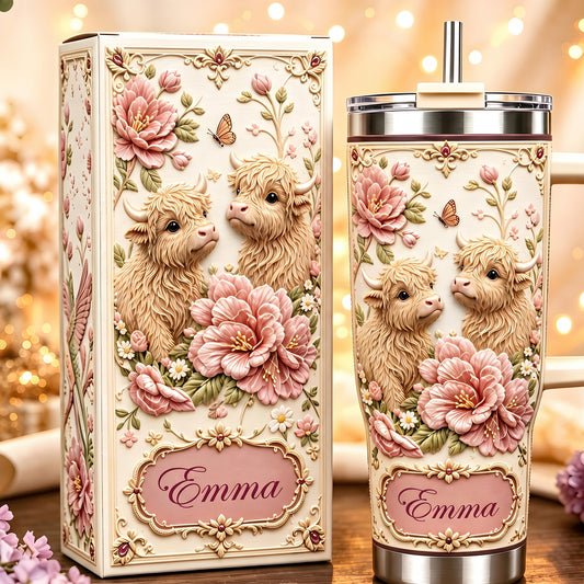 🌺✨ Personalized Highland Cow & Pink Floral Tumbler