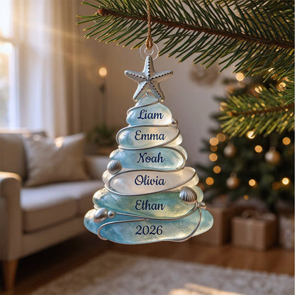 Custom Sea Glass Tree Ornament, Beach Family Christmas Decor, Coastal Keepsake