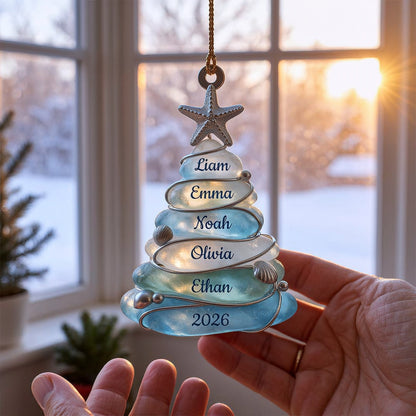 Custom Sea Glass Tree Ornament, Beach Family Christmas Decor, Coastal Keepsake