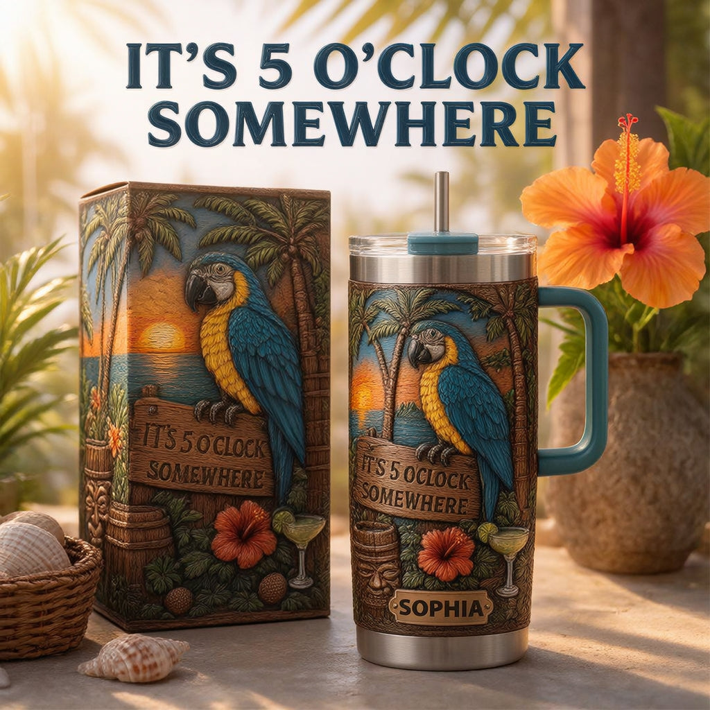 🌴 Personalized "It's 5 O'Clock Somewhere" Parrot Tumbler – Your Island Escape, In Hand 🌊🦜