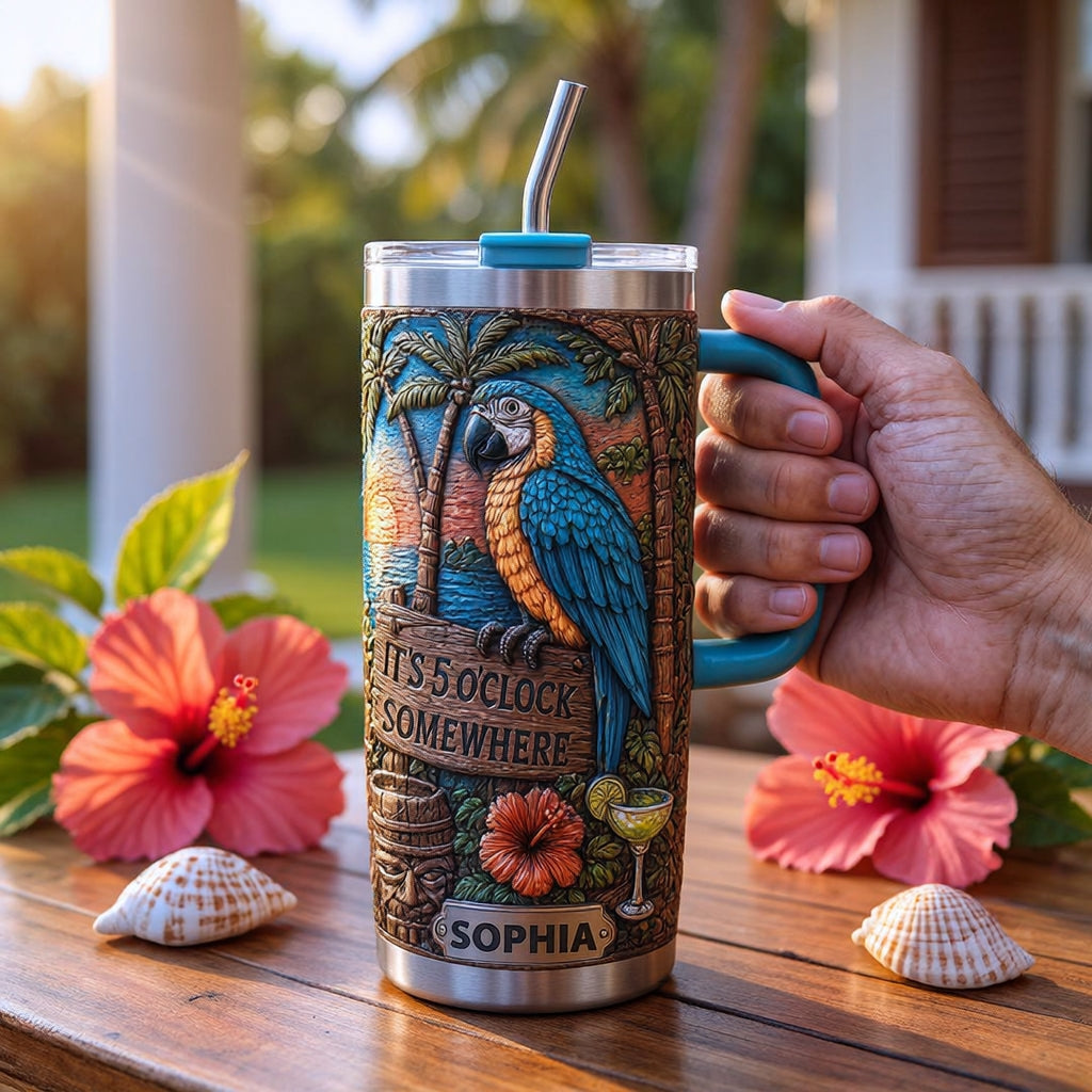 🌴 Personalized "It's 5 O'Clock Somewhere" Parrot Tumbler – Your Island Escape, In Hand 🌊🦜