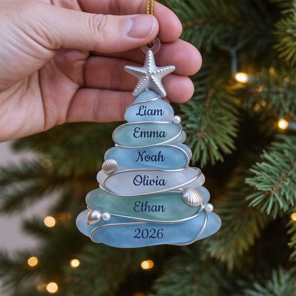 Custom Sea Glass Tree Ornament, Beach Family Christmas Decor, Coastal Keepsake
