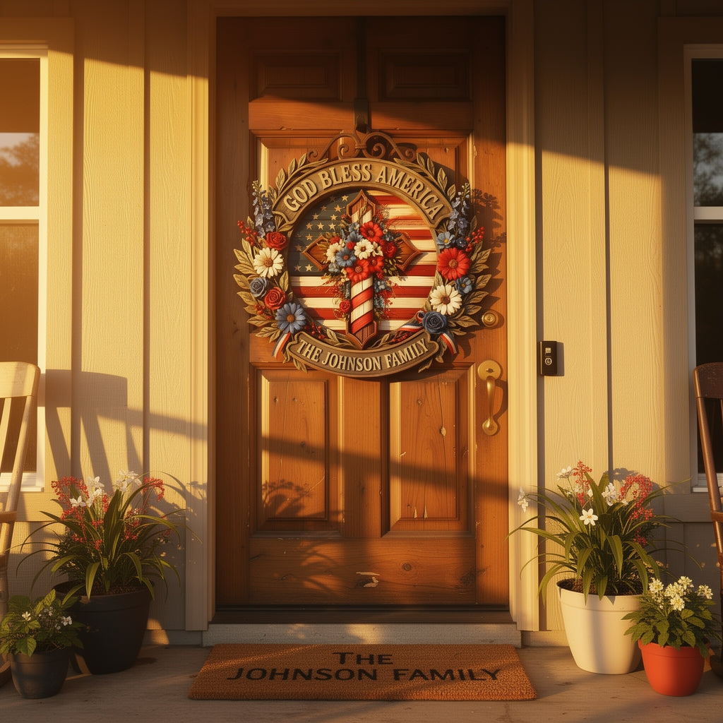 Custom Patriotic "God Bless America" Family Wreath Sign