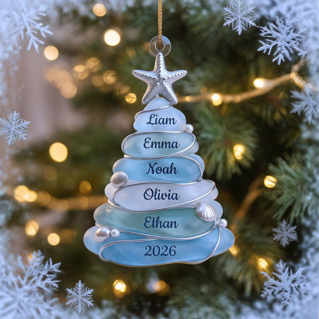 Custom Sea Glass Tree Ornament, Beach Family Christmas Decor, Coastal Keepsake