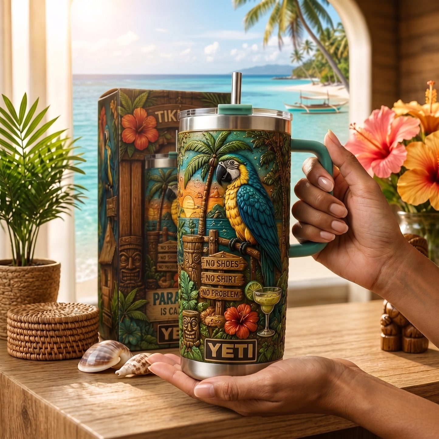 Personalized Tiki Life Tropical Parrot Beach Handle Tumbler