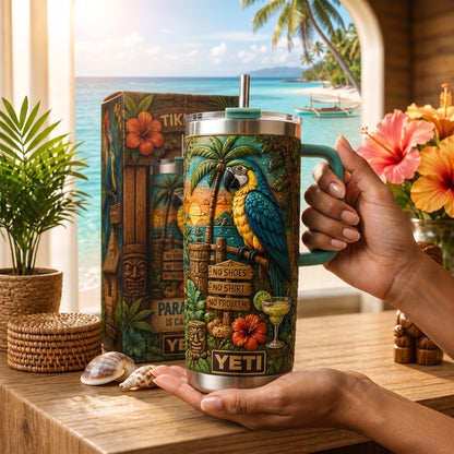 Personalized Tiki Life Tropical Parrot Beach Handle Tumbler