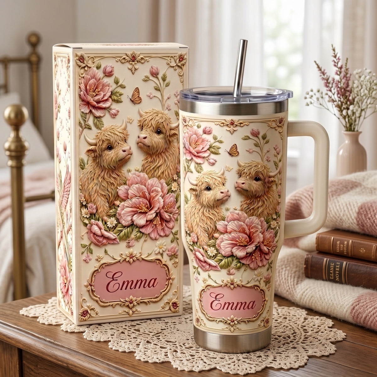 🌺✨ Personalized Highland Cow & Pink Floral Tumbler