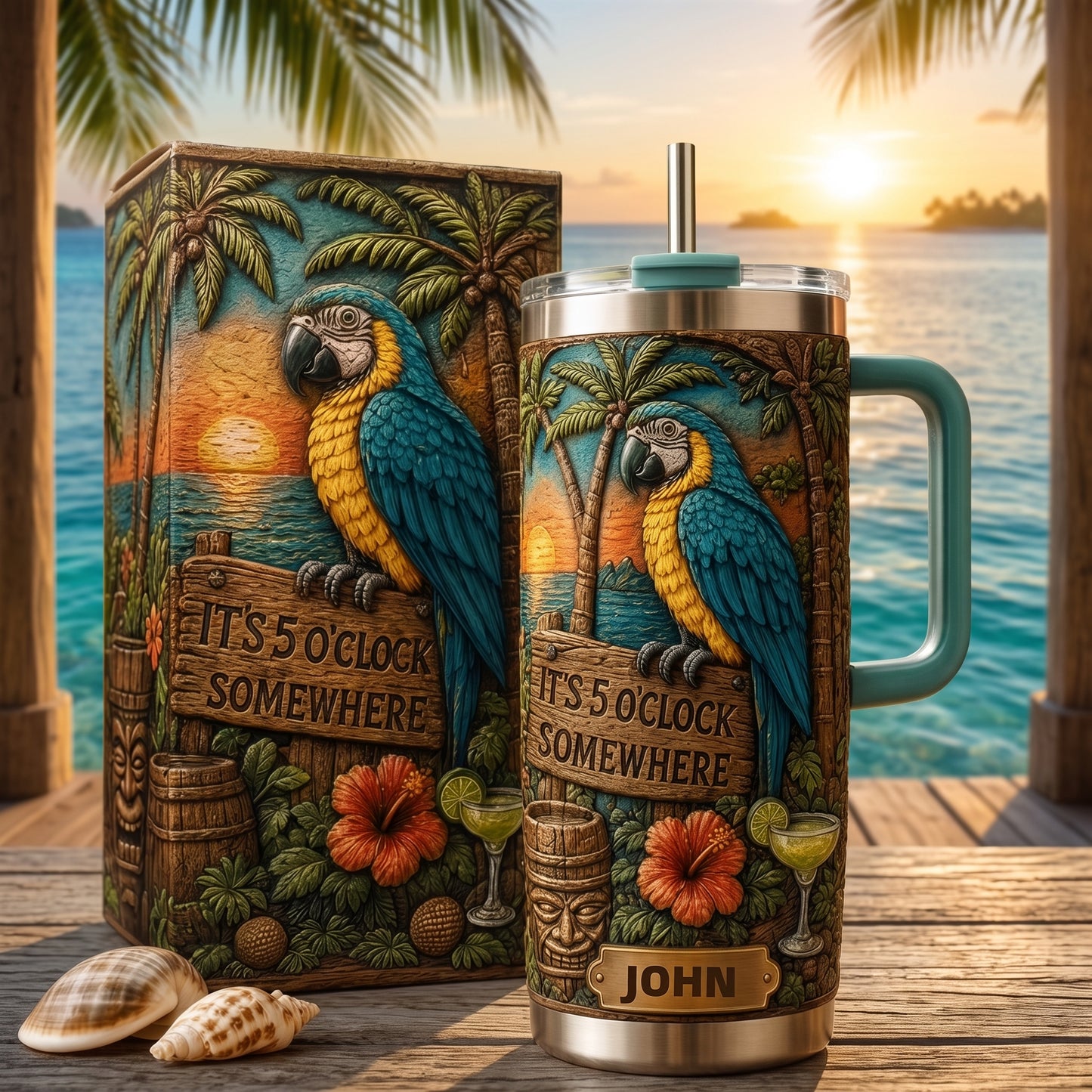🌴 Personalized "It's 5 O'Clock Somewhere" Parrot Tumbler – Your Island Escape, In Hand 🌊🦜