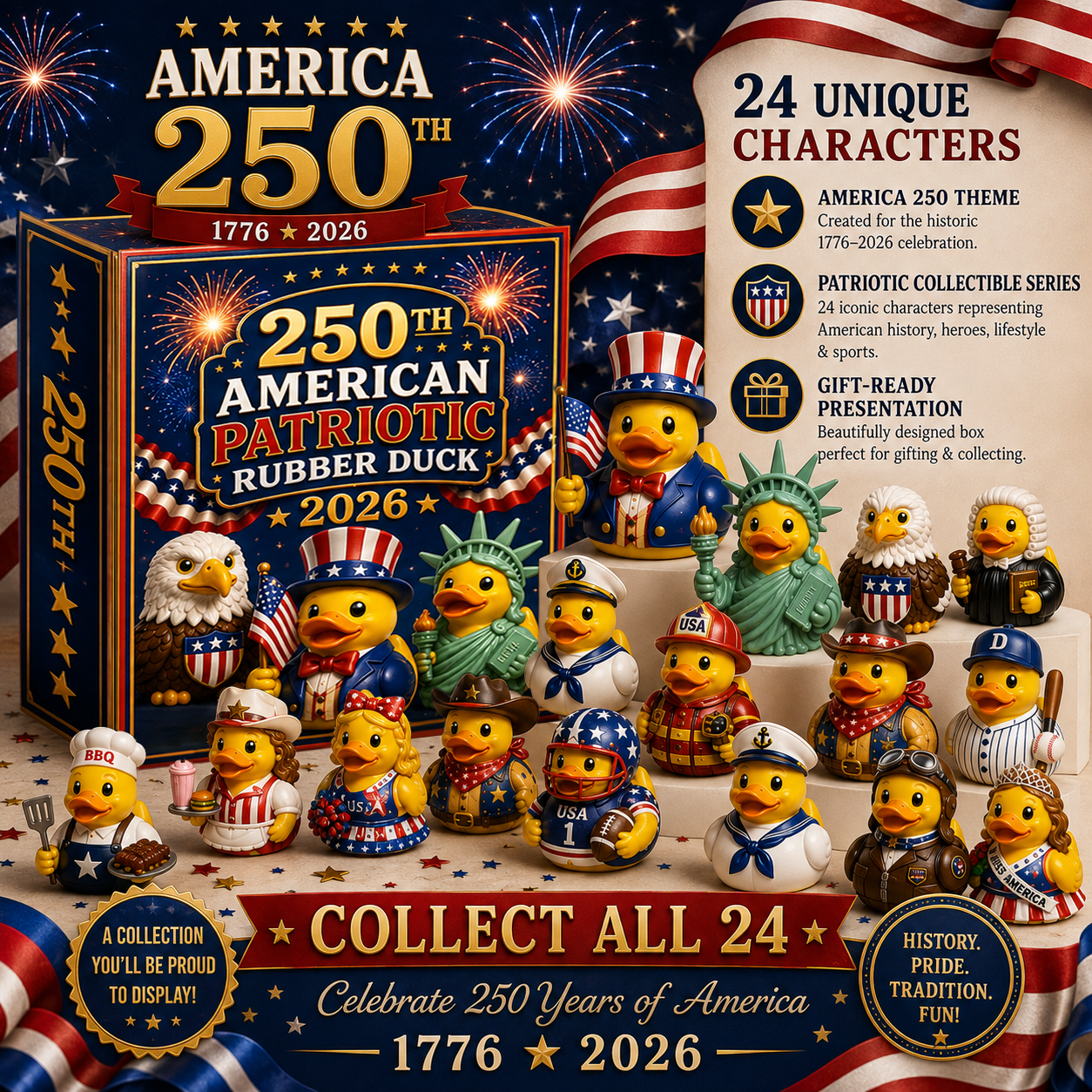 250th American Patriotic Rubber Duck Countdown Calendar 2026 – 24 Characters, 250 Years of Stories 🇺🇸