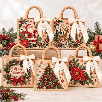 Vintage Christmas Burlap Gift Tote Bag