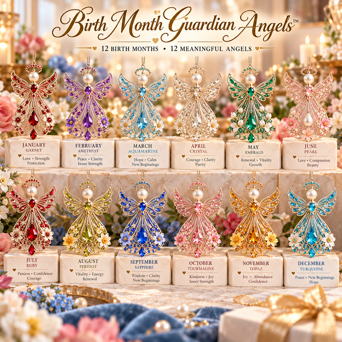 ✨ Birth Month Guardian Angel Ornament – 12 Birthstone Angels