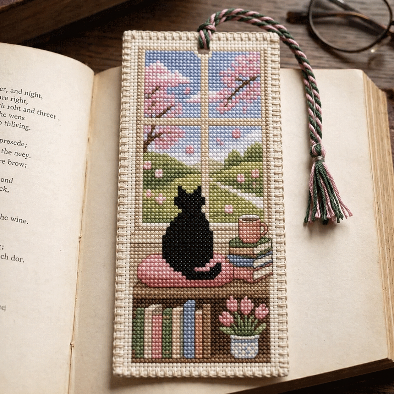 🐈📚Seasonal Cat Cross Stitch Bookmark – Cozy Reading Companion
