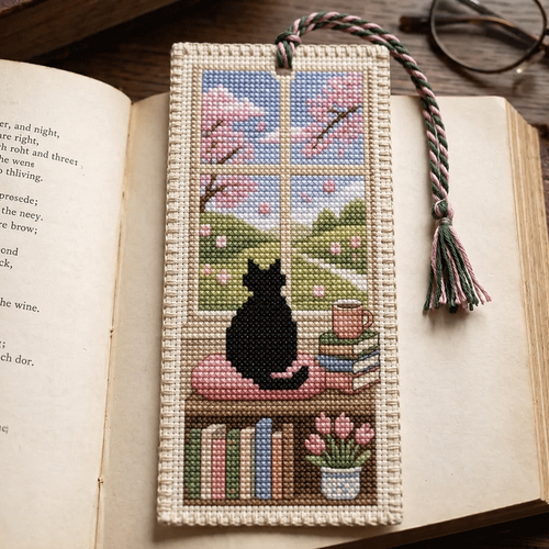 🐈📚Seasonal Cat Cross Stitch Bookmark – Cozy Reading Companion