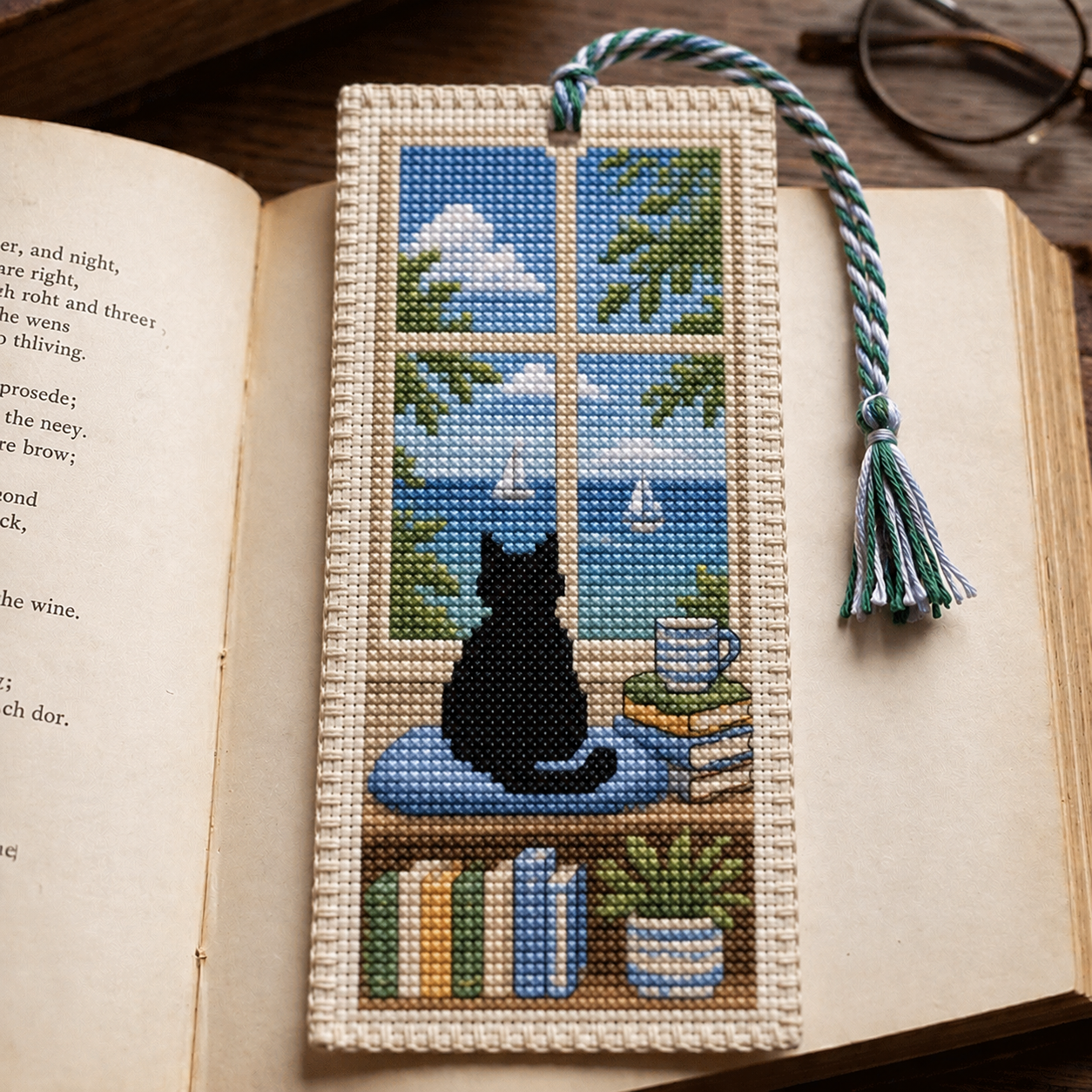 🐈📚Seasonal Cat Cross Stitch Bookmark – Cozy Reading Companion