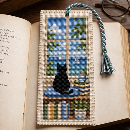 🐈📚Seasonal Cat Cross Stitch Bookmark – Cozy Reading Companion