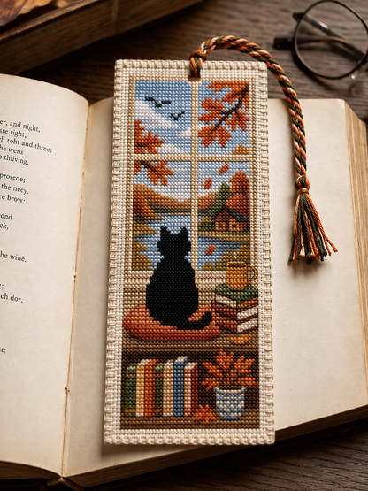 🐈📚Seasonal Cat Cross Stitch Bookmark – Cozy Reading Companion