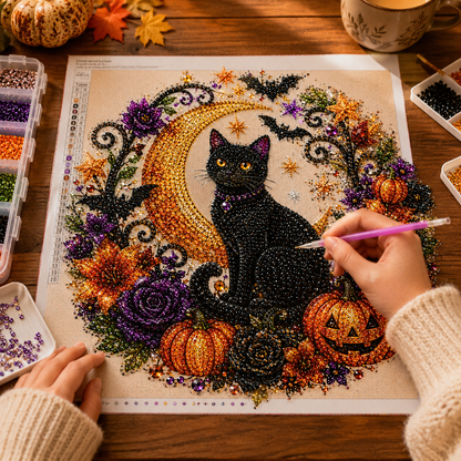 🐈🎃Halloween Black Cat Moon Diamond Art Hanging Ornament – DIY Sparkling Décor Kit