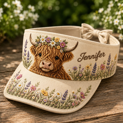 Personalized Floral Highland Cow Sun Visor Hat