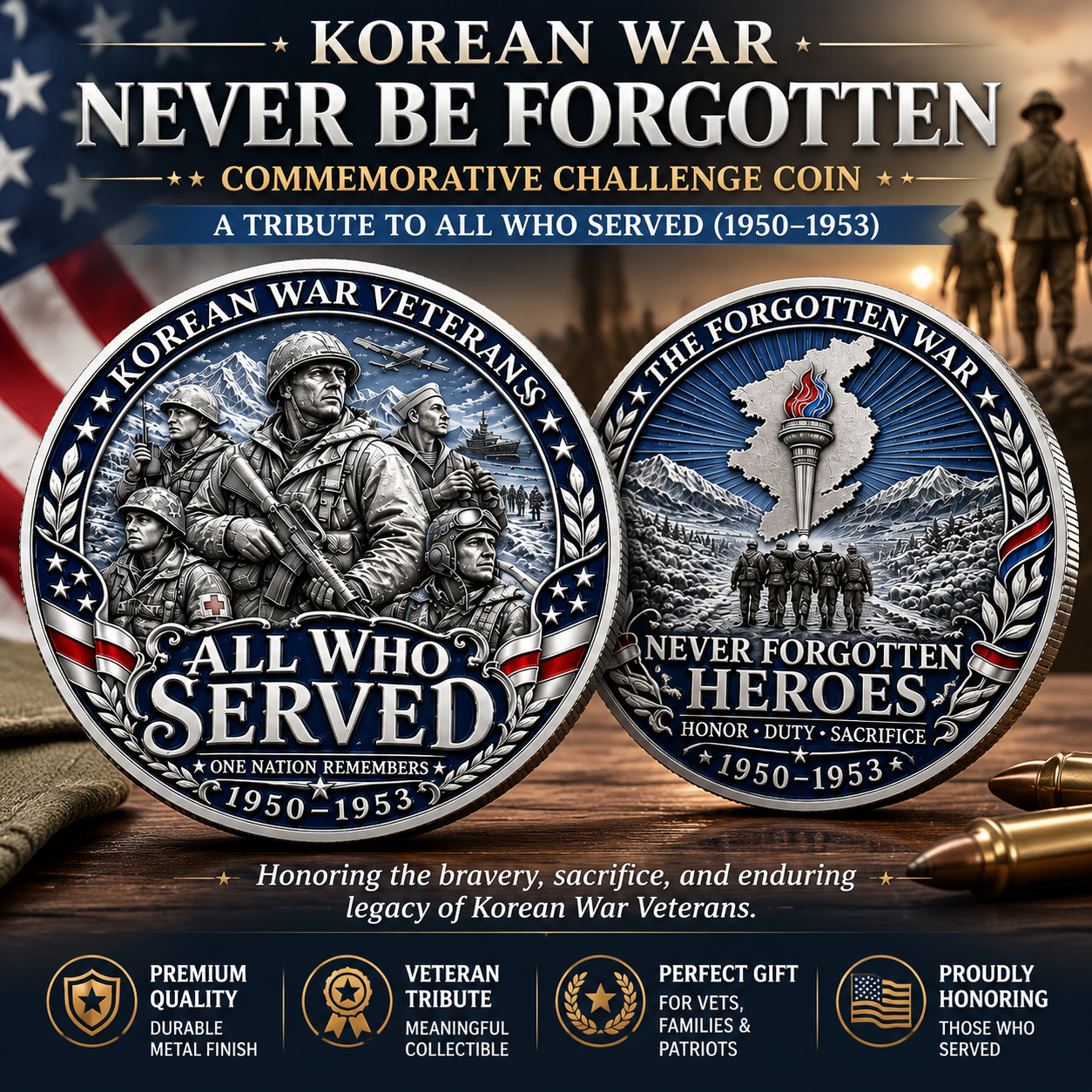 Korean War "Never Be Forgotten" Commemorative Challenge Coin