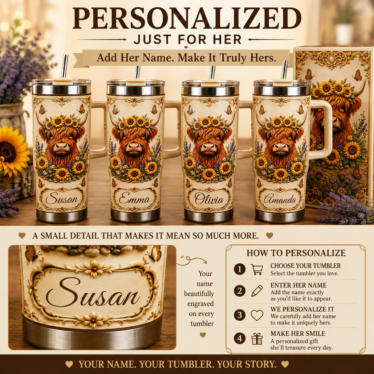 Personalized Highland Cow Sunflower Tumbler