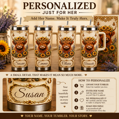 Personalized Highland Cow Sunflower Tumbler