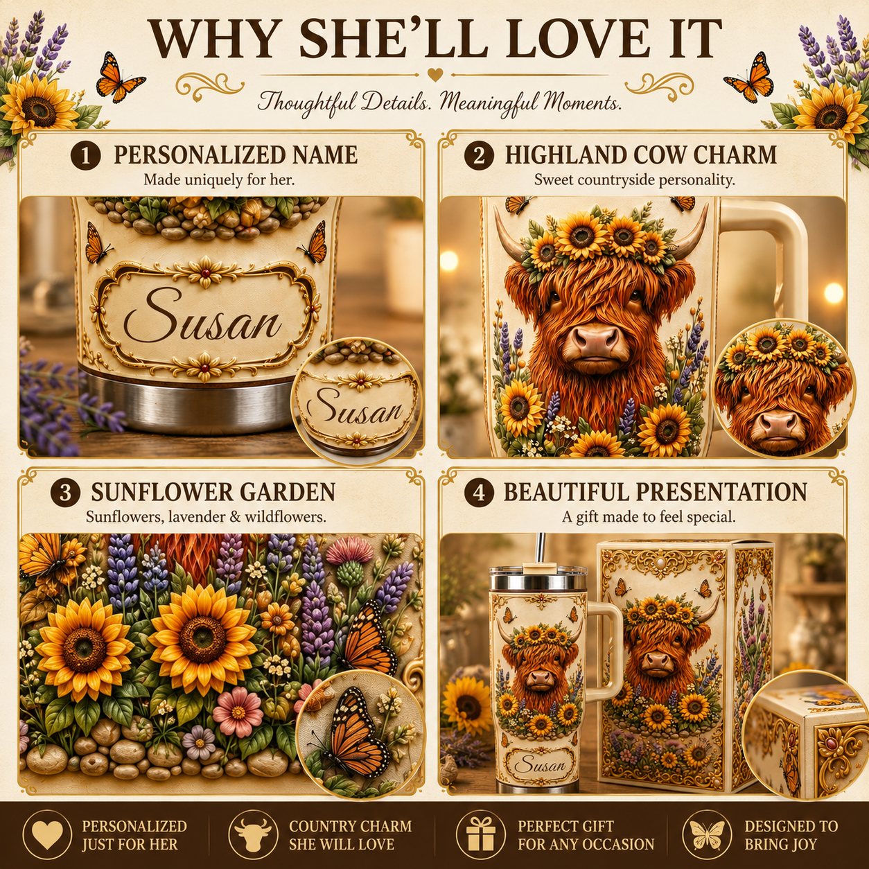 Personalized Highland Cow Sunflower Tumbler