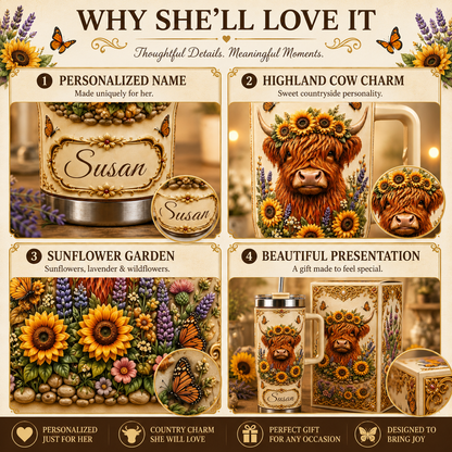 Personalized Highland Cow Sunflower Tumbler