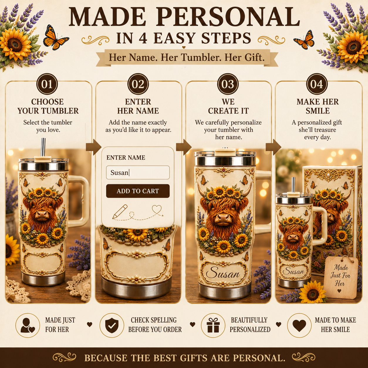 Personalized Highland Cow Sunflower Tumbler