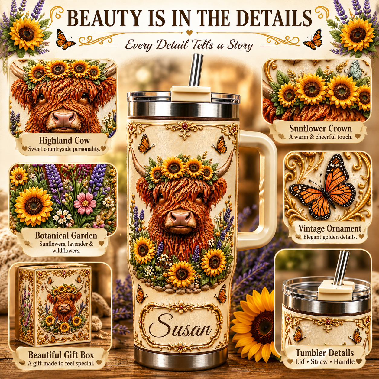 Personalized Highland Cow Sunflower Tumbler