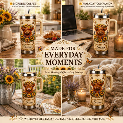 Personalized Highland Cow Sunflower Tumbler